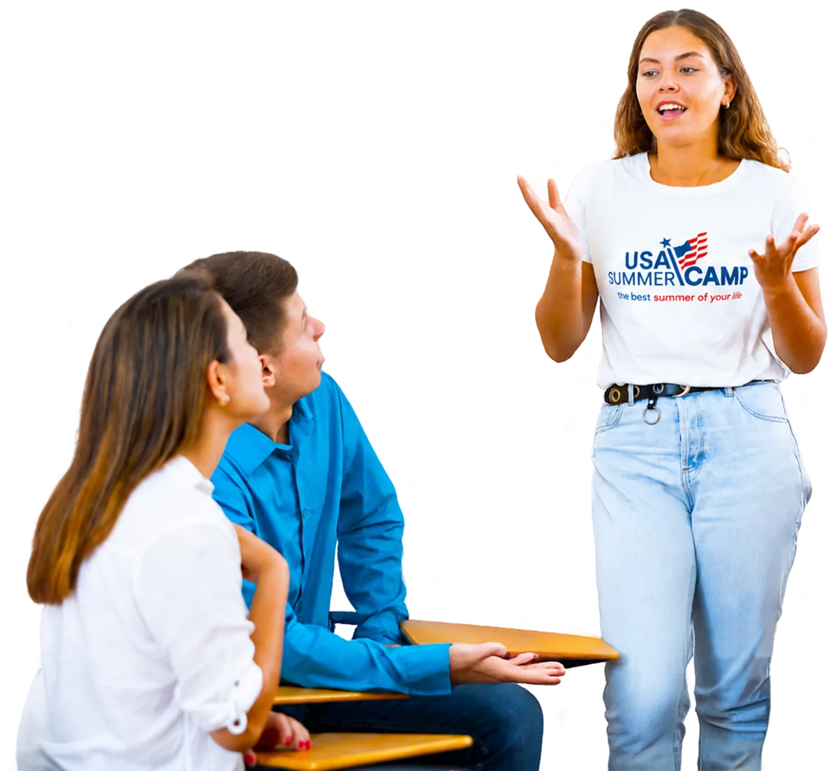 A USA Summer Camp representative chatting with two prospective camp staff